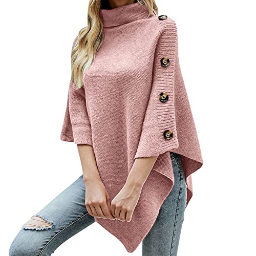 Rollkragenpullover für Damen Strick Cape Pullover Schalmantel Damen Strickponcho Rollkragen Poncho mit Dekorativen Knöpfen Strick Pullover Poncho Cape Schal Damen Wrap Poncho Schal (06-Pink, One Size) von Generic