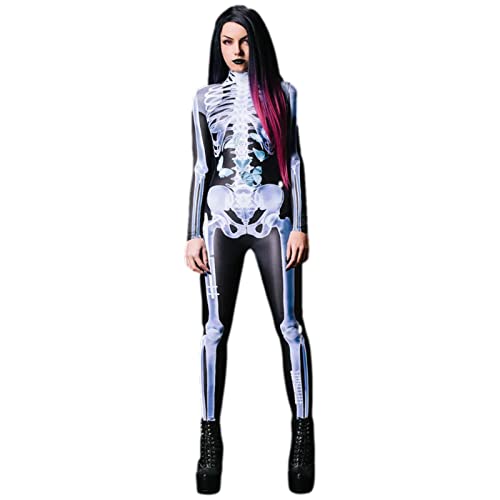 Romper mit Skelett Halloween Skelett Onesie Kostüm Frauen Outfit, Halloween Realistischer Druck Bodysuit Kostüm für Cosplay von Generic