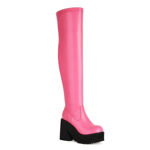 Rosa,37 EU,Overknee-Stiefel aus Kunstleder für Damen, Plateau, klobiger Absatz, Overknee-Stiefel, runde Zehenpartie, Blockabsatz, hohe Stiefel, seitlicher Reißverschluss, elastische Schuhe von Generic