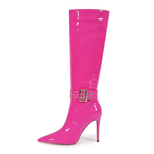 Rosa,38 EU,Kniehohe Stiefel für Damen, Stiletto-Absatz, Spitze Zehenpartie, Lange Stiefel, Gürtelschnallen-Dekoration, Lackleder, PU, seitlicher Reißverschluss, hohe Kleiderstiefel von Generic