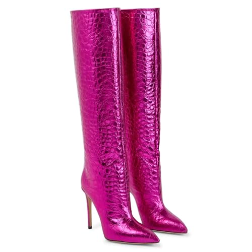 Rosa,41 EU,Damen-Stiefel mit spitzer Zehenpartie, Stiletto-Absatz, breite Wade, kniehoch, zum Hineinschlüpfen, hohe Stiefel aus Leder und PU mit Schlangenmuster, modisch, bequem, Lange Rosa,41 EU,Damen-Stiefel mit spitzer Zehenpartie, Stiletto-Absatz, breite Wade, kniehoch, zum Hineinschlüpfen, hohe Stiefel aus Leder und PU mit Schlangenmuster, modisch, bequem, Lange von Generic