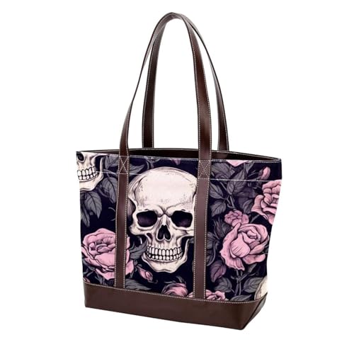Rose Skull-1959 Schulter-Geldbörsen für Damen, groß, weich, gewaschenes Leder, strapazierfähige Handtaschen, Mehrfarbig 04, 33.8x12x31cm/13.3x4.7x12.2 in von Generic