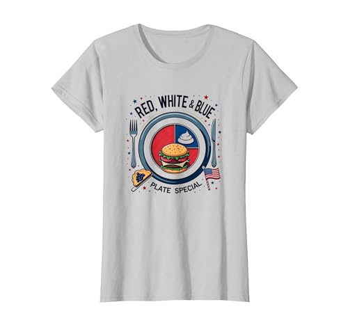 Rot, Weiß und Blau Teller Special T-Shirt, Damen, Silber, M Rot, Weiß und Blau Teller Special T-Shirt, Damen, Silber, M von Generic