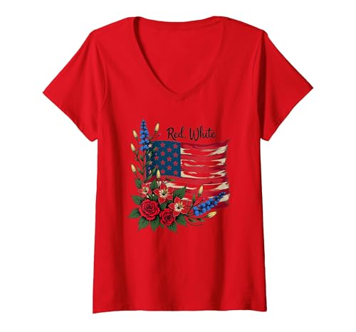 Rot, Weiß und Blüte T-Shirt mit V-Ausschnitt, Damen, Rot, XXL von Generic