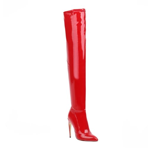 Rot,34 EU,Overknee-Stiefel für Damen, 11,4 cm, Stilettos, High Heels, Lackleder, PU, Lange Spitze Zehenpartie, hohe Stiefel, Abendschuhe von Generic