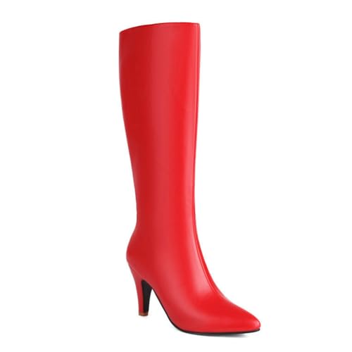 Rot,35 EU,Damen Kniehohe Stiefel mit Kätzchenabsatz, spitzer Zehenbereich, Kunstleder, Lange Stiefel, Stiletto, seitlicher Reißverschluss, lässiger hoher Stiefel, Herbst-Winter-Abendschuhe von Generic