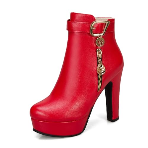 Rot,35 EU,Damen Plateau-Stiefeletten mit hohem, klobigem Blockabsatz und runder Zehenpartie, modische Herbststiefeletten mit Absatz und Gürtelschnalle von Generic