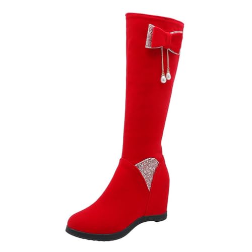 Rot,36 EU,Kniehohe Stiefel aus Wildleder für Damen, runde Zehenpartie, Langer Keilstiefel mit Schleife, seitlicher Reißverschluss, modische Tanzparty-Stiefel, Kleider-Keilschuhe von Generic