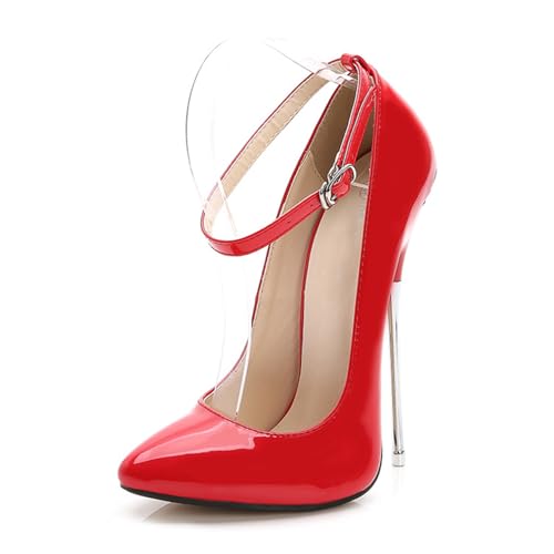 Rot,37 EU,Damen Pumps 16 cm/6,3 Zoll Stilettoabsatz Spitz Geschlossene Zehenpartie Lackleder PU Knöchelriemen High Heel Abend Party Abendschuhe von Generic