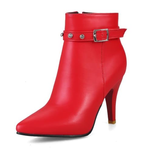 Rot,37 EU,Damen-Stiefeletten aus PU-Leder mit spitzer Zehenpartie und Stiletto-Absatz, Herbststiefeletten mit Strass-Gürtelschnalle, seitlichem Reißverschluss, kurzer Stiefel von Generic