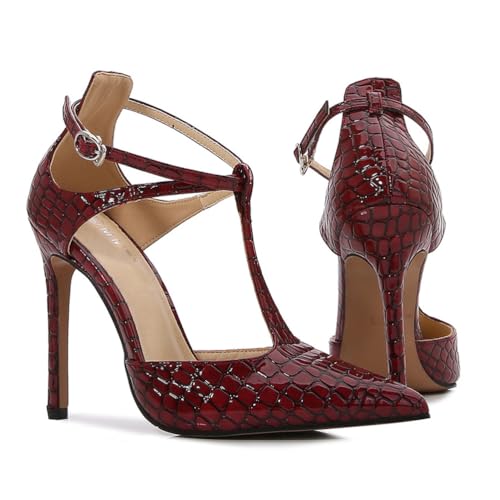 Rot,38 EU,Damen Pumps T-Riemen Stiletto Heels Spitze Geschlossene Zehen High Heel Sandalen Cutout PU Leder Hochzeit Party Ballkleid Schuhe von Generic