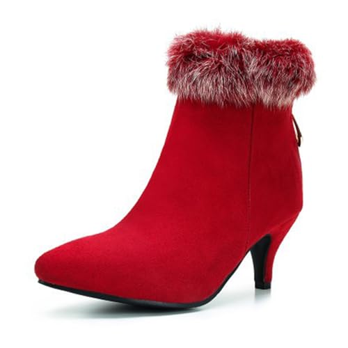 Rot,38 EU,Damen-Stiefeletten aus Wildleder mit spitzer Zehenpartie und Kitten Heel, Herbststiefeletten mit Reißverschluss hinten, kurzer Stiefel für Komfort und Freizeit von Generic