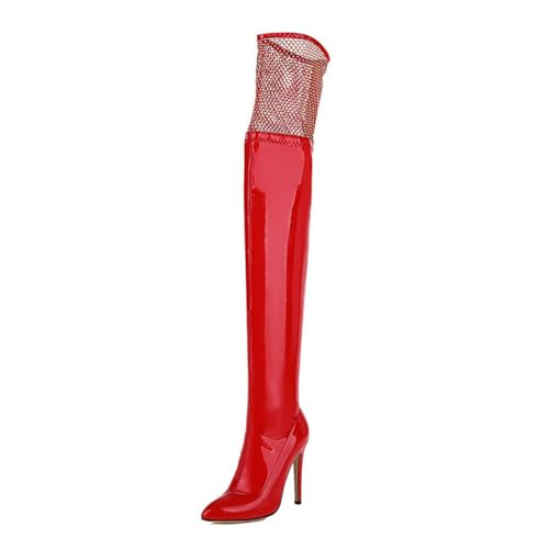 Rot,38 EU,Lange Stiefel mit Netznähten für Damen, Spitze Zehenpartie, Stiletto-Absätze, Overknee-Stiefel zum Überziehen, Party-Abendschuhe von Generic