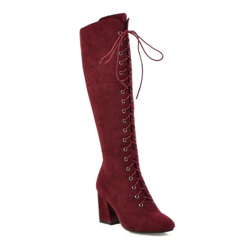 Rot,39 EU,Kniehohe Stiefel zum Schnüren für Damen, runde Zehenpartie, klobiger Blockabsatz, hoher Stiefel aus Wildleder, Langer Stiefel, Herbst-Winter-Party-Stil, Elegante Schuhe von Generic