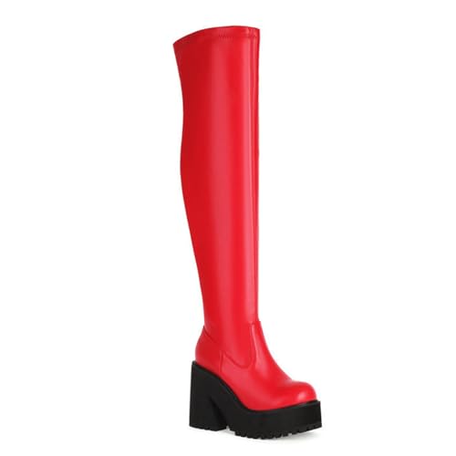 Rot,39 EU,Overknee-Stiefel aus Kunstleder für Damen, Plateau, klobiger Absatz, Overknee-Stiefel, runde Zehenpartie, Blockabsatz, hohe Stiefel, seitlicher Reißverschluss, elastische Schuhe von Generic