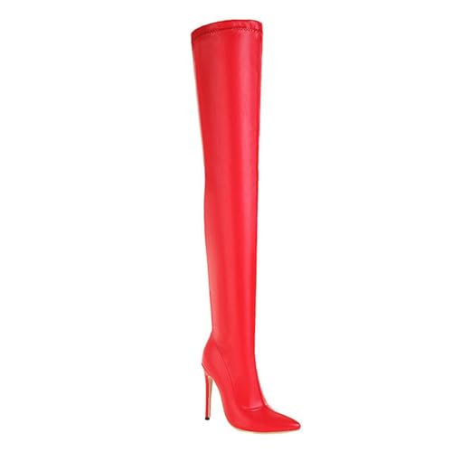 Rot,39 EU,Overknee-Stiefel für Damen, Stiletto-Absatz, Spitze Zehenpartie, Lange Stiefel, seitlicher Reißverschluss, hohe Stiefel aus Leder und PU, Party-Abendschuhe von Generic