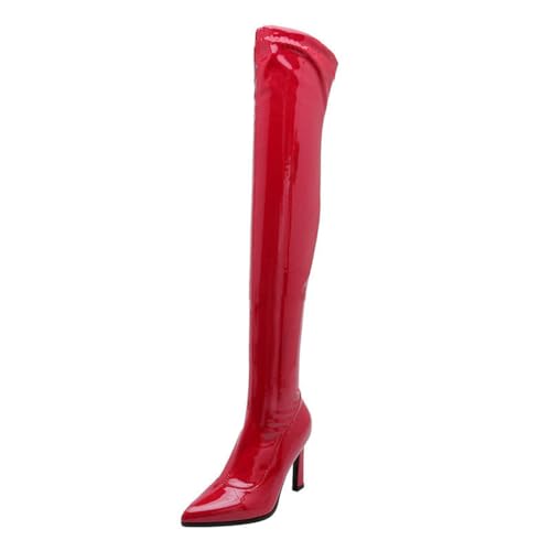 Rot,39 EU,Overknee-Stiefel für Damen, Stiletto-High-Heels, Spitze Zehenpartie, Lackleder, 3,7 Zoll, Herbststiefel mit Reißverschluss, modische Tanzparty-Langstiefel von Generic