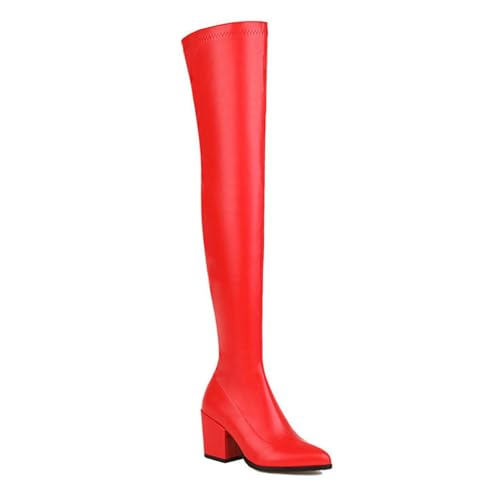 Rot,39 EU,Overknee-Stiefel für Damen, Stretch, Overknee-Stiefel, klobige High Heels, Spitze Zehenpartie, Lange Herbststiefel, elastisches Leder, PU, Herbst-/Winterstiefel von Generic