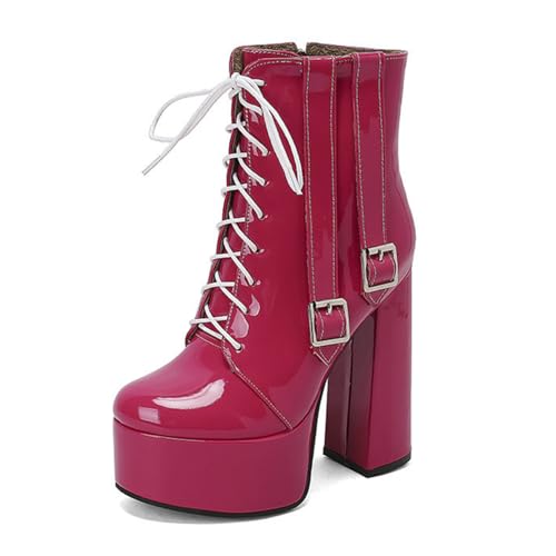 Rot,40 EU,Damen-Stiefeletten aus Lackleder und PU mit runder Zehenpartie und Plateausohle, mit Absatz und doppelter Gürtelschnalle, bequemer hoher Blockabsatz von Generic