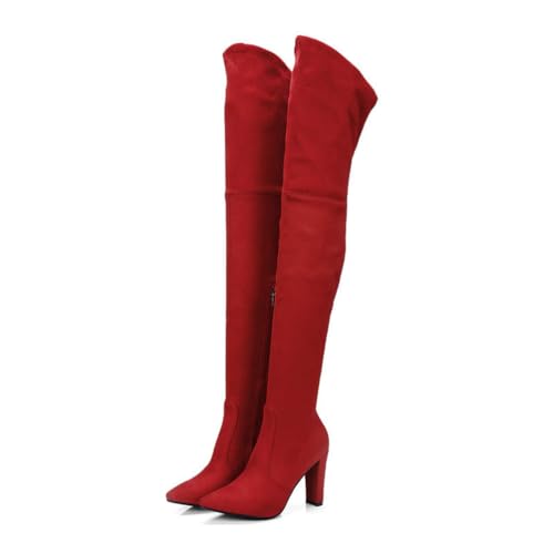 Rot,40 EU,Overknee-Stiefel für Damen mit Blockabsatz, elastischem Kunstwildleder, Lange Stiefel mit spitzer Zehenpartie und seitlichem Reißverschluss, hohe Stiefel für den Winter und Herbst von Generic