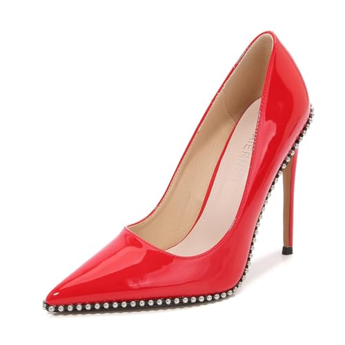 Rot,41 EU,Damen-Pumps mit Nieten, Spitze, geschlossene Zehenpartie, High Heel, 12 cm (4,7 Zoll), Party-Stilettos, Slipper, Hochzeits- und Partyschuhe von Generic