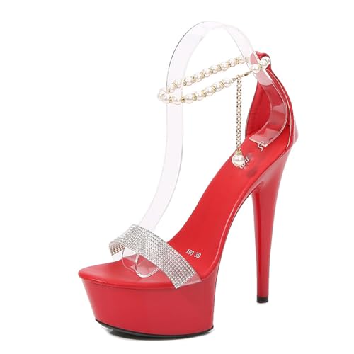 Rot,41 EU,Damen-Sandalen mit Strass-Stiletto-Absatz, offener Zehenpartie, Plateau-Absatz und Perlen-Knöchelriemen, Hochzeits- und Party-Abendschuhe von Generic