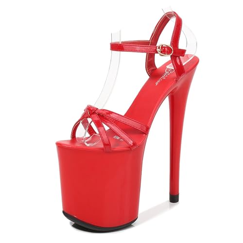Rot,43 EU,20 cm/7,8 Zoll Absatz Stiletto High Heel Pumps für Damen Offene Zehenpartie Knöchelriemen Schnalle Plateau Absatz Sandalen Tänzerin Party Abendschuhe von Generic