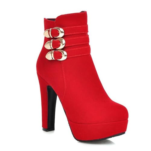 Rot,43 EU,Damen-Stiefeletten aus Wildleder mit runder Zehenpartie und Plateausohle, klobiger Blockabsatz, Herbststiefeletten mit Absatz, Bequeme Abendschuhe mit Metallschnalle von Generic