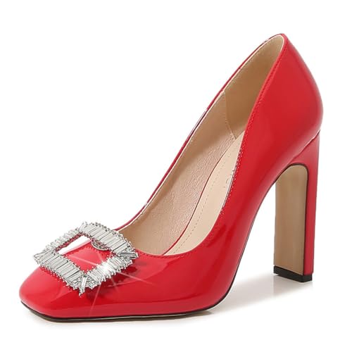 Rot,45 EU,Pumps mit geschlossener quadratischer Zehenpartie und klobigem Absatz für Damen, Blockabsatz, bequemer Slip-On-Abendschuh mit quadratischer Strassschnalle von Generic