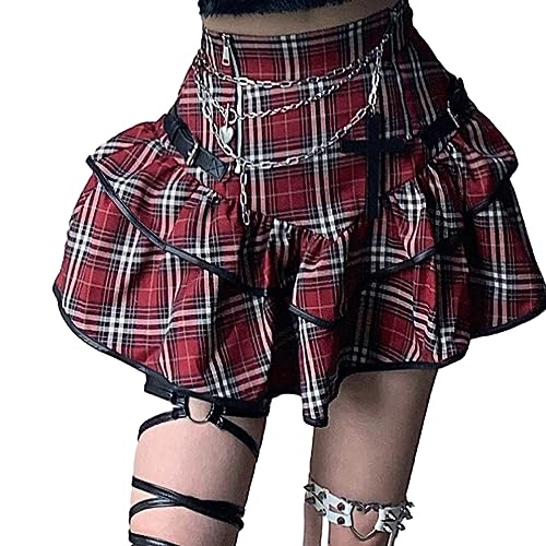 Rot Karierten Falten Rock Frauen Harajuku Y2K Rock Streetwear Vintage Doppel Schicht Kette Punk Weibliche Outfits,Rot,L von Generic