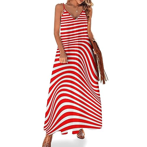 Rot-Weiß Gestreift Damen Ärmelloses Maxikleid Lang Kleid V-Ausschnitt Strandkleid Freizeitkleid von Generic