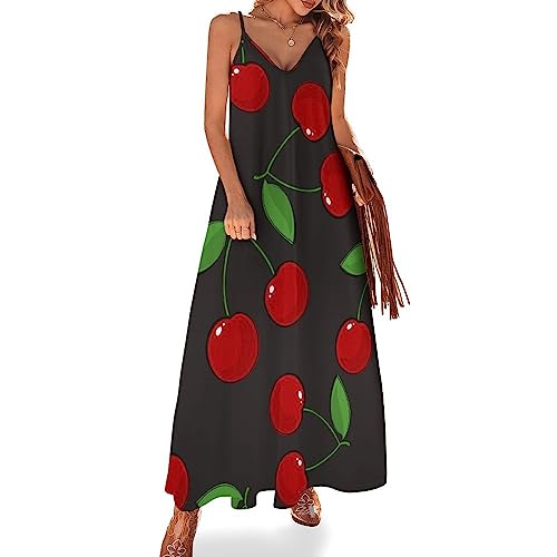 Rote Kirsche Damen Ärmelloses Maxikleid Lang Kleid V-Ausschnitt Strandkleid Freizeitkleid von Generic
