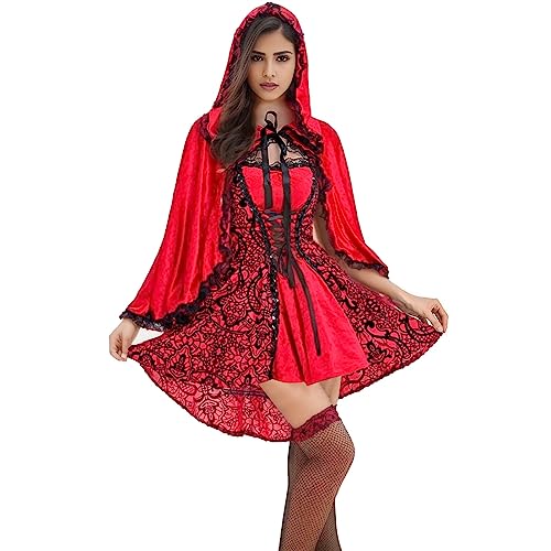Rotkäppchen Damen Halloween Kostüm Vampir Karneval Fasching Cosplay Partykleid Verkleidung Little Red Riding Hood Kleid und Umhang mit Kapuze Performance Outfit Mädchen von Generic