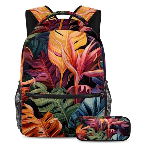 Rucksack mit Federmäppchen, Motiv: tropische Pflanzen, 2-teiliges Set, perfekt für Studenten, Jungen, Mädchen und Teenager, Mehrfarbig Nr. 01, B：29.4x20x40cm P：19x7.5x3.8cm, Tagesrucksäcke von Generic