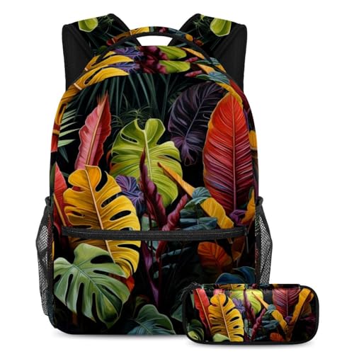 Rucksack mit Federmäppchen, Motiv: tropische Pflanzen, 2-teiliges Set, perfekt für Studenten, Jungen, Mädchen und Teenager, Mehrfarbig Nr. 03, B：29.4x20x40cm P：19x7.5x3.8cm, Tagesrucksäcke von Generic