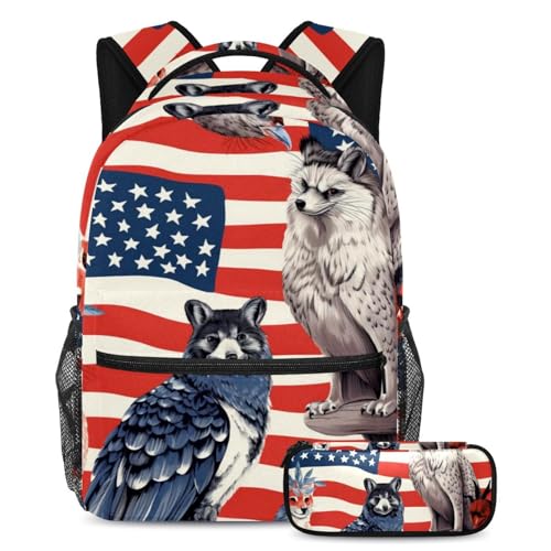 Rucksack mit amerikanischer Flagge, Tiere, mit Federmäppchen, Schulranzen-Set für Jungen, Mädchen, Teenager, Reisebuchtasche für Studenten, Mehrfarbig Nr. 05, B：29.4x20x40cm P：19x7.5x3.8cm, von Generic