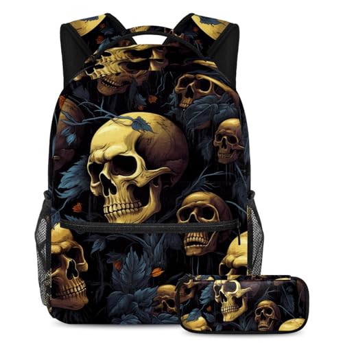 Rucksack und Federmäppchen mit Totenkopf-Muster, ideal für Studenten, Kinder, Jungen und Mädchen, Mehrfarbig #01, B：29.4x20x40cm P：19x7.5x3.8cm, Daypack Rucksäcke von Generic