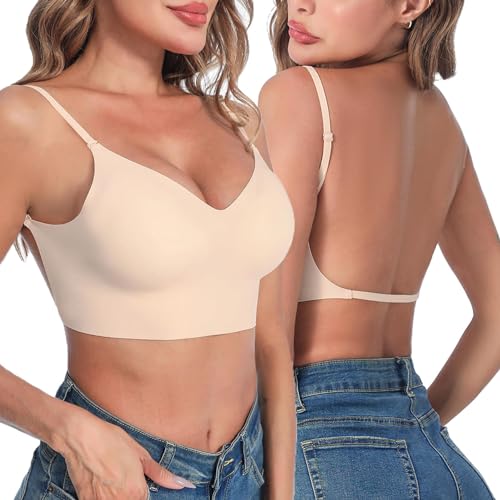 Rückenfrei BH Damen Ohne Bügel Rückenfreier Bralette mit V-Ausschnit Bustier Push Up Bra mit Niedrigem Rücken Invisible Unterwäsche mit Abnehmbaren Trägern BH Tiefer Rückenausschnitt von Generic