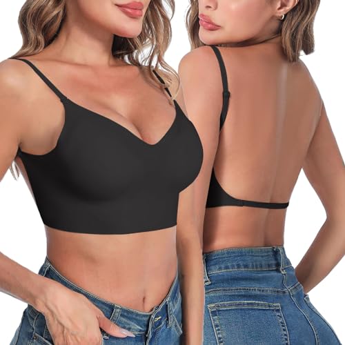 Rückenfrei BH Damen Ohne Bügel Rückenfreier Bralette mit V-Ausschnit Bustier Push Up Bra mit Niedrigem Rücken Invisible Unterwäsche mit Abnehmbaren Trägern BH Tiefer Rückenausschnitt von Generic