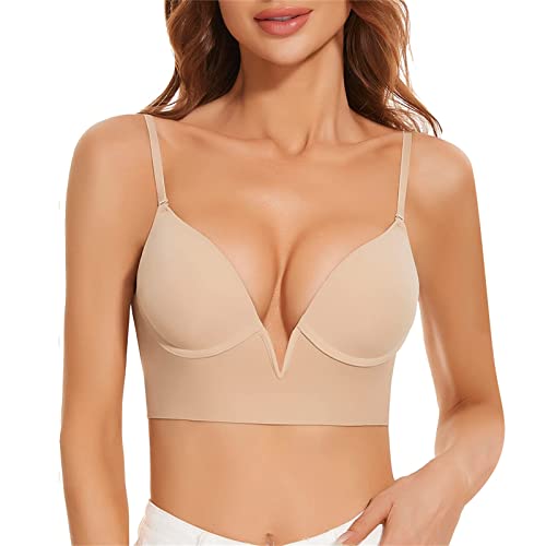 Rückenfreier BH Damen Deep U BH Push Up, Rückenfreier BHS Unterwäsche Abnehmbar Wandelbarer Durchsichtigem Träger, Multiway Plunge Bra von Generic