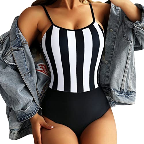 Rückenfreier sexy Damen-Badeanzug, Retro-Damen, einteilig, gestreift, Bikini, Stillen, lockere Hose, elegant, Schwarz , XL von Generic