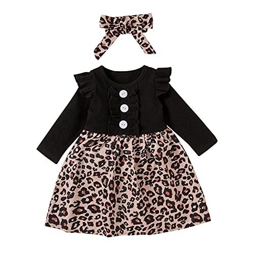 Rüschen Mädchen Kleid Kleinkind Party gerippt Prinzessin Baby Splice Kid Leopard Blumen Mädchen Kleid Rock Cord Minirock Damen (Black, 3-4 Years) von Generic