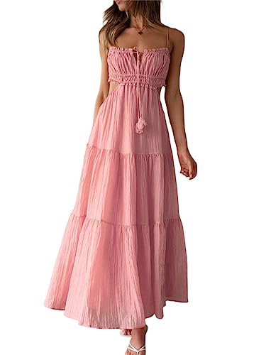 Rüschen Raffung gestuftes langes Kleid Ästhetik Bandagen Ausschnitt Maxikleid mit eleganten Spaghettiträgern Fließendes Kleid für Hochzeitsgäste Strand Bohemia Kleid (3-Pink, M) von Generic