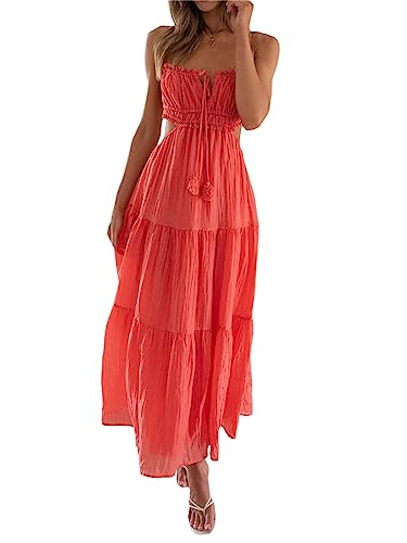 Rüschen Swing Maxikleid Sommer Cutout Rückenfrei Langes Kleid Mode Weiß Gelb Bohe Kleid TIKTOK Trendy Kleid (Watermelon Red, S) von Generic