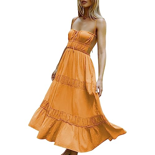 Rüschen gerüschtes gestuftes fließendes Maxikleid im Boho-Stil, rückenfrei, Wickelkleid mit Bandagen, mit Ausschnitten, Spaghettiträger-Kleid, lässiges Sommerkleid (1-Orange, L) von Generic