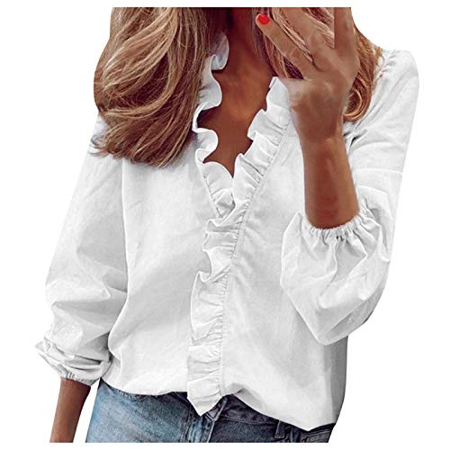 Rüschenbluse Damen Langarm - Bluse Mit Buchstaben Hemd Mit Rüschen Slim Fit Oberteile V Ausschnitt Tunika Elegant Longbluse Sommer Langarmshirt Blusenshirt Damenblusen Shirts von Generic
