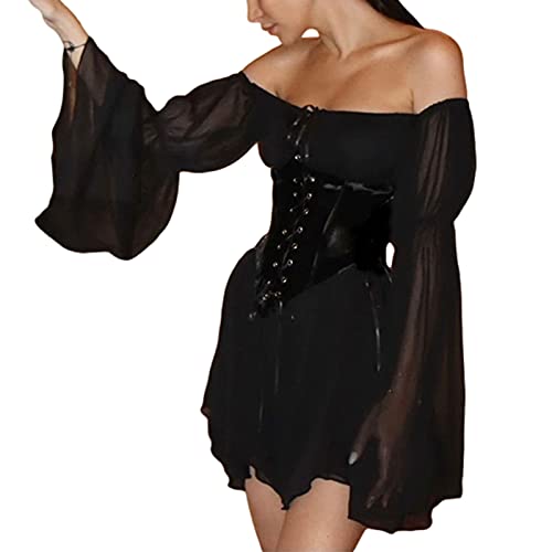 Rüschenkleid mit langen Puffärmeln und integrierten Shorts, schulterfrei, Stufenrock, Chiffon, Freizeitkleid, Medium Rüschenkleid mit langen Puffärmeln und integrierten Shorts, schulterfrei, Stufenrock, Chiffon, Freizeitkleid, Medium von Generic