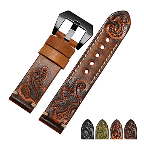 Run Ken Handgemachte Retro geschnitztes echtes Leder Armband 18 20 22 24mm Schwarz Rot Armband Ersatzgurt Compatible With Herrenuhr Zubehör(Orange black A,18mm) von Generic