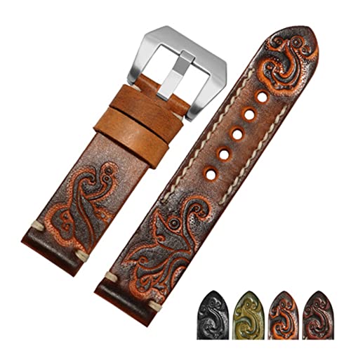 Run Ken Handgemachte Retro geschnitztes echtes Leder Armband 18 20 22 24mm Schwarz Rot Armband Ersatzgurt Compatible With Herrenuhr Zubehör(Orange silver A,24mm) von Generic