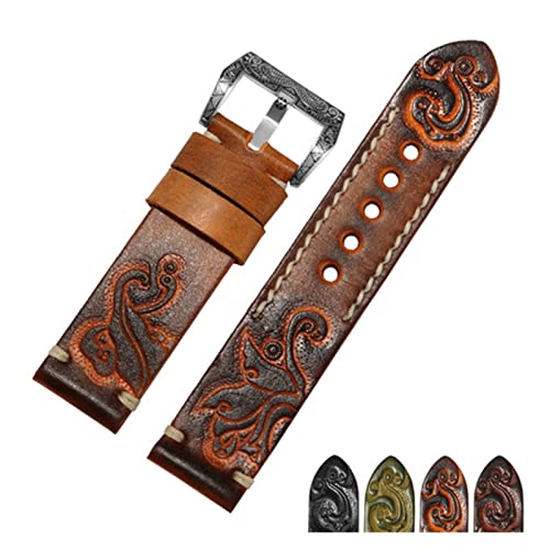 Run Ken Handgemachte Retro geschnitztes echtes Leder Armband 18 20 22 24mm Schwarz Rot Armband Ersatzgurt Compatible With Herrenuhr Zubehör(Orange silver B,22mm) von Generic